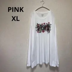 【PINK】ピンク　フラワープリント ロングスリーブ Tシャツゆったり【XL】