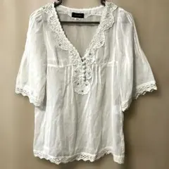 ５部袖　ブラウス　シースルー　シャツ　白