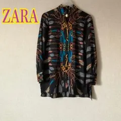 ZARA ザラ スカーフ柄 チェーン 金ボタン バンドカラーシャツ ロング丈　黒