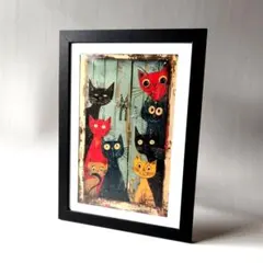 【新品】猫の木製絵画　フレーム付　　覗き猫　ヴィンテージ風　スタンド付　ネコ雑貨