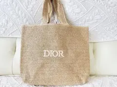 Dior 肩掛けロゴ刺繍入りトートバッグ　ストロー素材　かごバッグ　ノベルティのサムネイル
