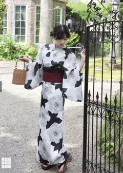 【超美品】浴衣 夏着物 白地 黒 モノトーントンボ レトロモダン トールサイズ 浴衣 単品＊黒地絞風トンボ柄＊和レトロモダン＊モノトーン＊個性的柄
