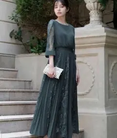 レース&シフォンプリーツロングフレア パーティードレス 結婚式 S