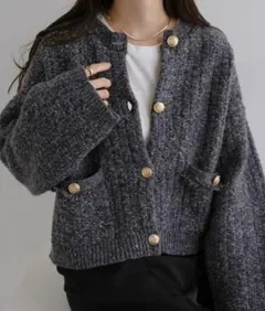 andme 金ボタンツイードショートジャケットカーディガン