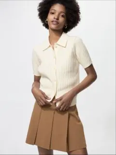 ユニクロ　リブポロカーディガン/半袖/オフホワイト