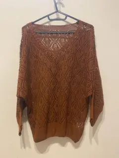 ブラウン レース編み 長袖ニット Vネック