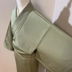 A124⭐️正絹　色無地　作家有　縮緬　逸品　広襟　渋い若葉色