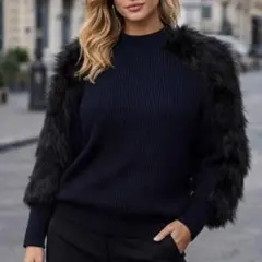 【新品/未使用】H&M ネイビー ファー付きニットセーター 長袖