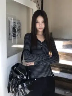 SHEIN ボーダー トップス ヘンリーネック