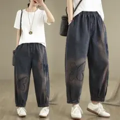 デニム ジーパン 九分丈 テーパードパンツ 着痩せ オシャレ 切り替 レトロ