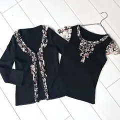 フランコフェラーロ アンサンブル コットンカーディガン 花柄 シルクフリル 黒のサムネイル