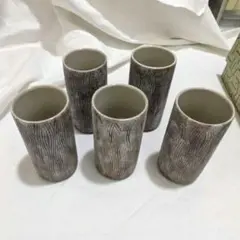 波濤文 湯呑 5客セット 南紀　御浜窯　筒湯呑　昭和