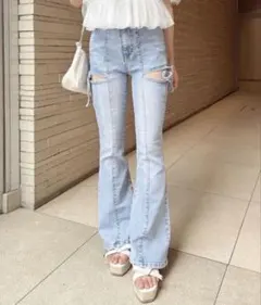 INGNI サイドリボンカットアウトフレアデニムパンツ M