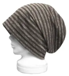 ハンドメイド◆ルーズワッチキャップ(ゆったり)◆ハーフリネンボーダーニット／茶系