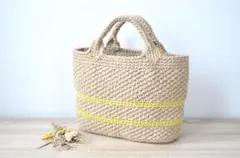 持ち手しっかり　模様編みと細ボーダーの麻紐バッグ(レモンイエロー
