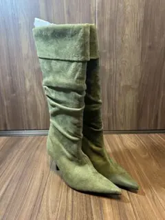 売切　美品　オリーブグリーン スエード ロングブーツ