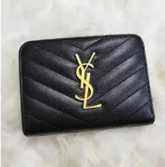 【美品】イヴサンローラン 二つ折り財布 キャビアスキン YSL ブラック