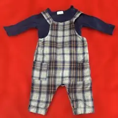 チェック柄オーバーオール（ベビー服） 紺色 長袖ロンパース セット