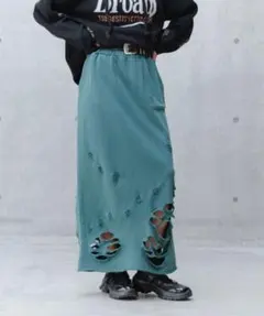 PAGEBOY ダメージウラケナロースカート グリーン クラッシュ加工 ダメージ