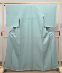 B◆着物くつろぎ 美品 葉っぱの地模様 千草色 袷 正絹 色無地 着物