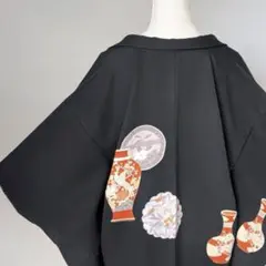 【未使用品】絵羽織 壺 花瓶 着物ジャケット 和洋折衷 和モダン 黒 シルク