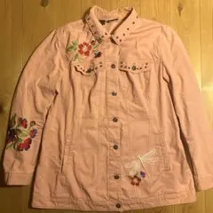 刺繍 レアデザイン 100%コットン　ピンク花柄刺繍ジャケット スタッツ付き