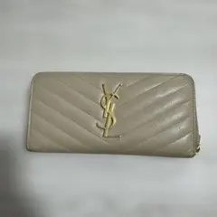 サンローラン 長財布 カサンドラ Vステッチ キャビアスキン ベージュ