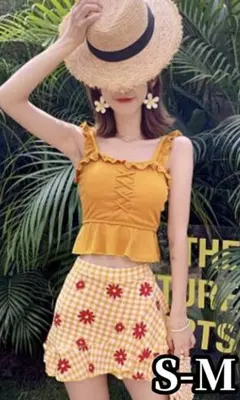 フリルトップ×花柄スカートセパレート水着 風 Mサイズ 夏 海 プール チェック