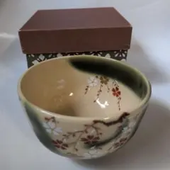 E015【新品・未使用】茶盌 色絵 白萩 掛分 加藤永山 紙箱 茶道具