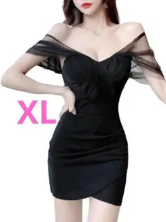 ドレス オフショルダー ワンピース タイト ミニ セクシー シースルー 黒 XL