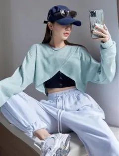 DAZY ワッフルニット チューリップ裾 クロップシャツ