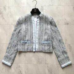 美品♡エムズグレイシー ノーカラー ツイードジャケット ブルー 38
