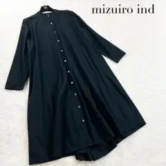 【ミズイロインド】ノーカラーシャツロングワンピース☆ゆったり☆ワイド☆長袖☆黒