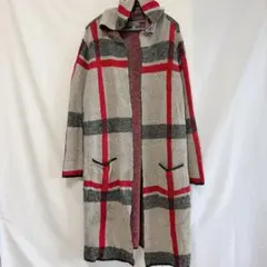 JOSEPH A.【L】フード付き　ロングカーディガン ニットコート チェック