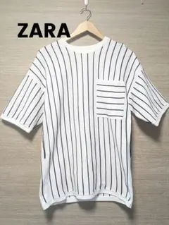 ZARA　メンズ　ストライプ ポケット付き コットン 半袖シャツ