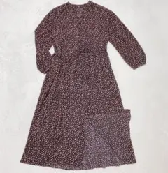 【試着のみ】ユニクロ プリントVネック ロングシャツワンピ 花柄 ネイビー L