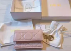 美品　DIOR カナージュ　ラムスキン　カードケース　コインケース　ピンク