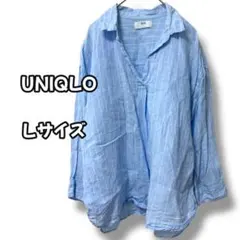 N0832　リネンシャツ　スキッパーシャツ　ストライプ　水色　L