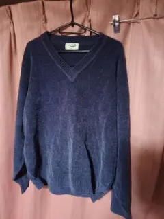 Crocodileクロコダイル ネイビー Vネックブロック模様ニットセーター