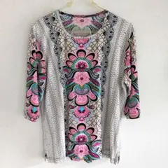 古着 花柄 五分袖 トップス 派手 ストレッチ フリーサイズ M L