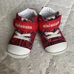 mikiHOUSE 赤・チェック柄 ハイカットシューズ