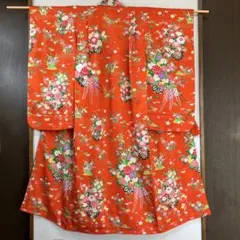 正絹　紅型染　赤 花柄　女児四つ身 着物７歳用 正絹 紅型染 赤 花柄 女児四つ身 着物7歳用 - メルカリ