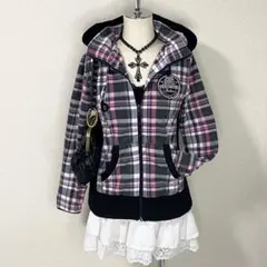 ギミック アウター ジップパーカー y2k 平成女児 ダークコア チェック柄