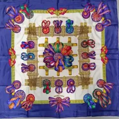 エルメス カレ90 馬のリボン ブランド スカーフ ブルー系 シルク100％