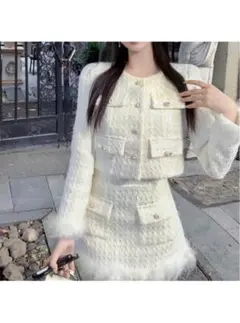 フェザーツイードジャケット×インパン裏地付きスカートセットアップ pm634