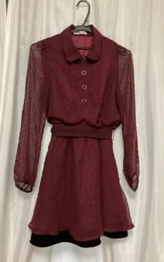 アントマリーズ バーガンディ 長袖ミニワンピース　裾ベロア