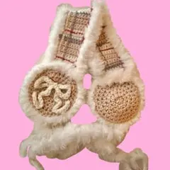 毛糸編み　ハンドメイドイヤーマフ　リボン　ベージュ