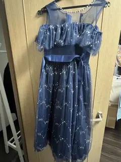 ネイビーブルー オフショルダーフリルドレス