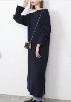 ネイビー ニット ロングワンピース 長袖