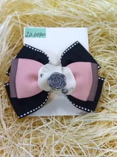 【La-Popu】リボン型ヘアゴム大L17　ピンク・黒・白　ストーン付き